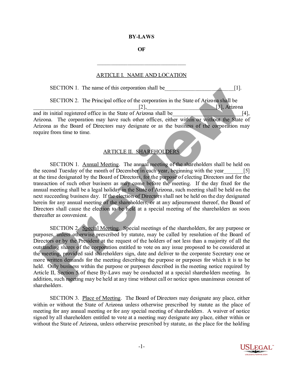 page 1 Arizona Bylaws for Corporation preview