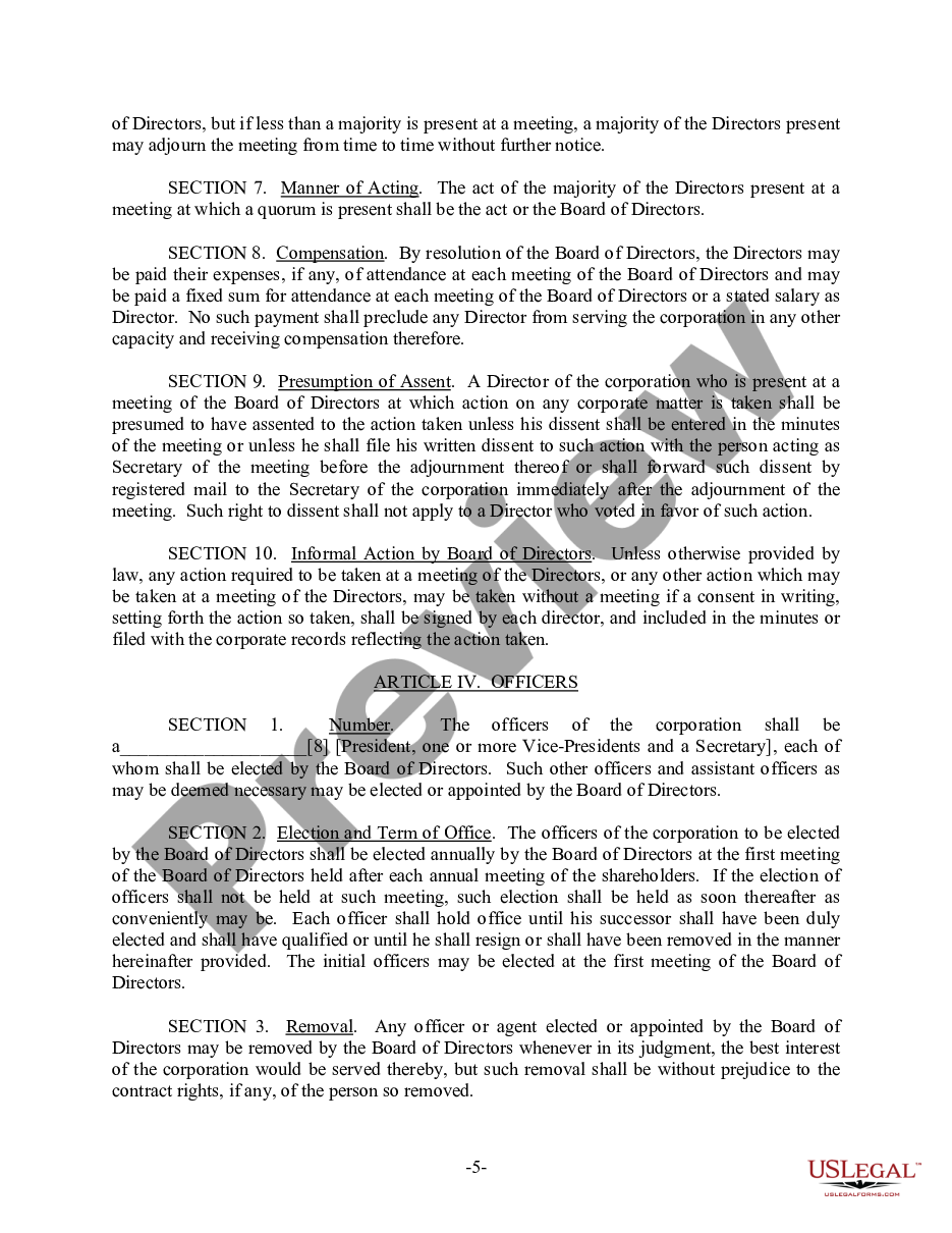 page 5 Arizona Bylaws for Corporation preview