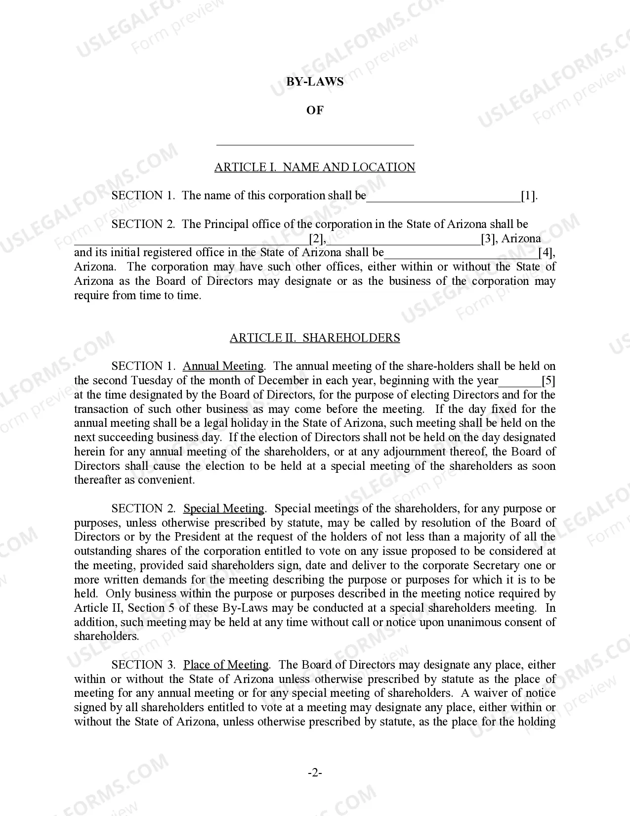 Preview Arizona Bylaws for Corporation