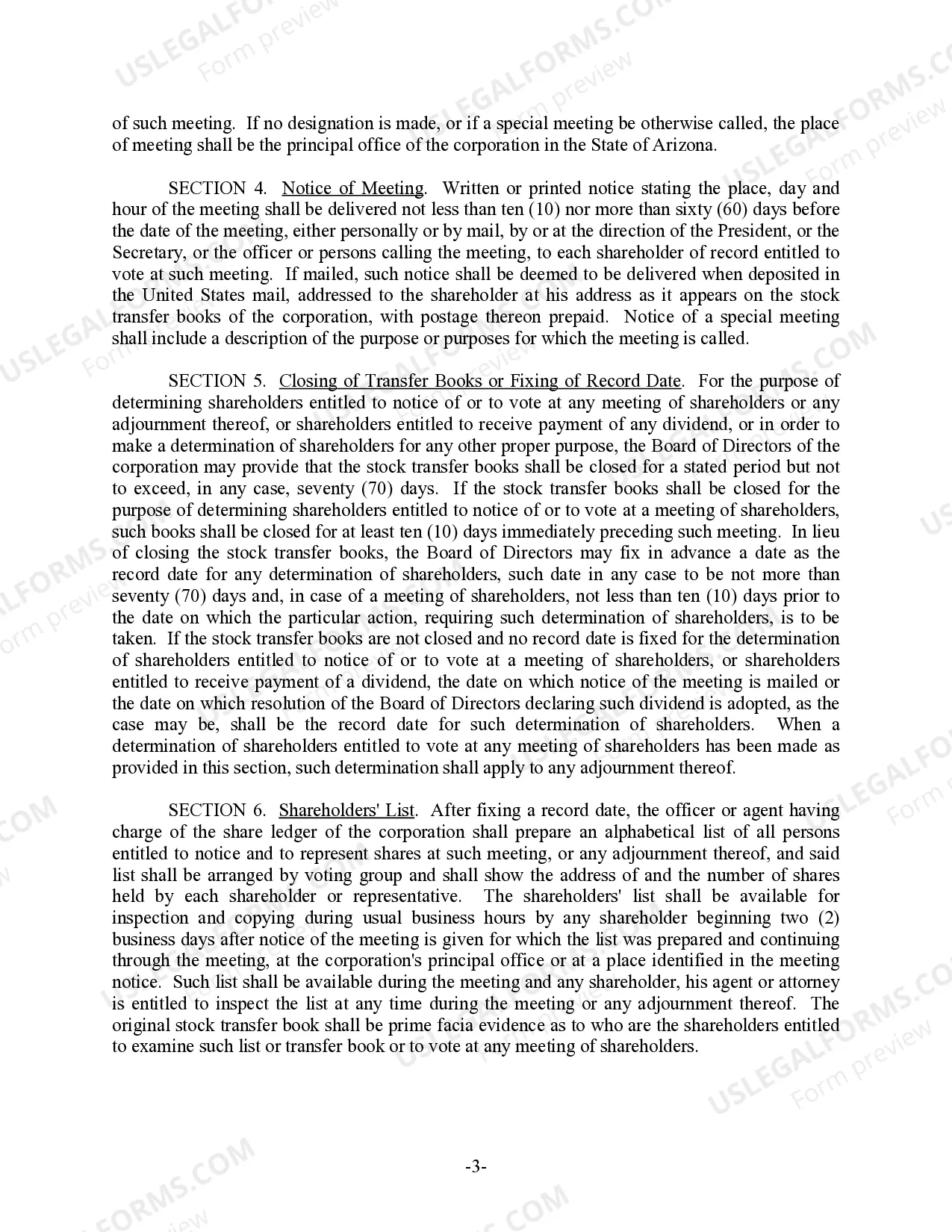 Preview Arizona Bylaws for Corporation