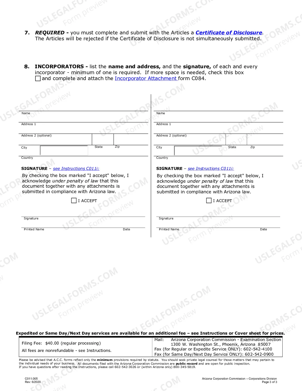 Preview Arizona Articles of Incorporation for Domestic Nonprofit Corporation