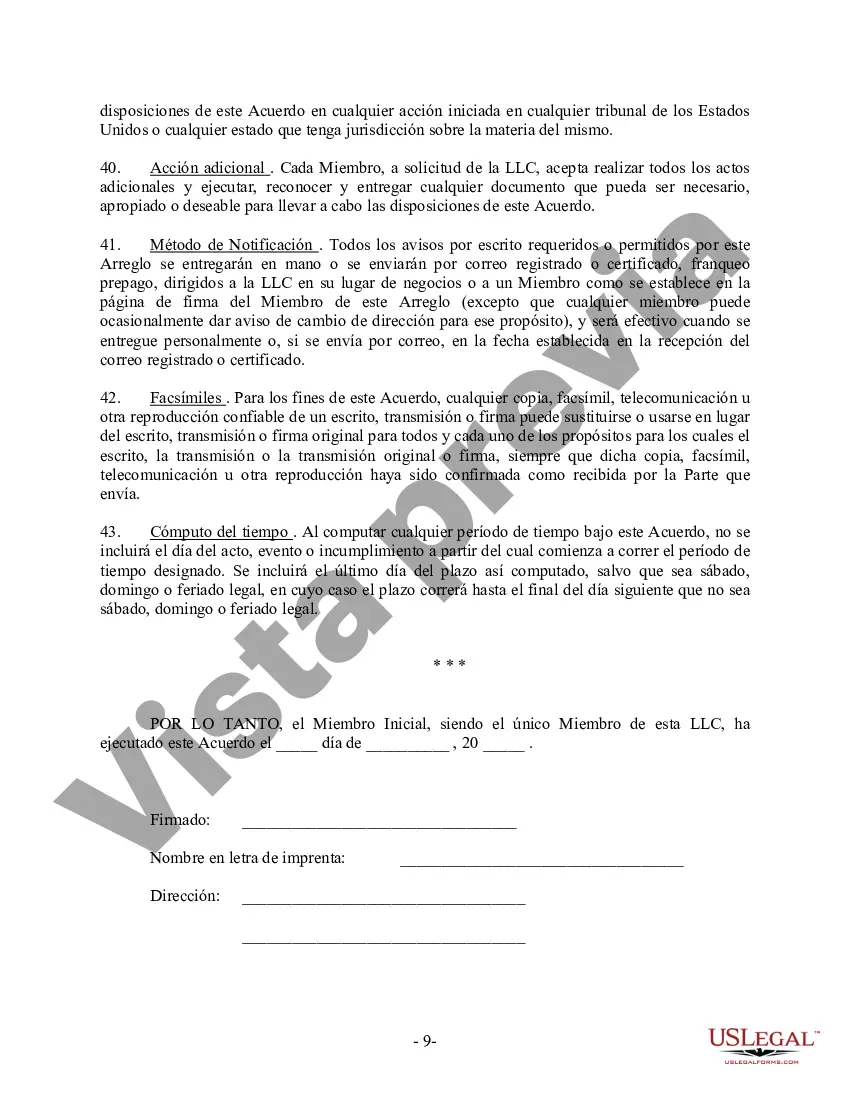 Preview Acuerdo Operativo LLC de Sociedad de Responsabilidad Limitada de Miembro Único