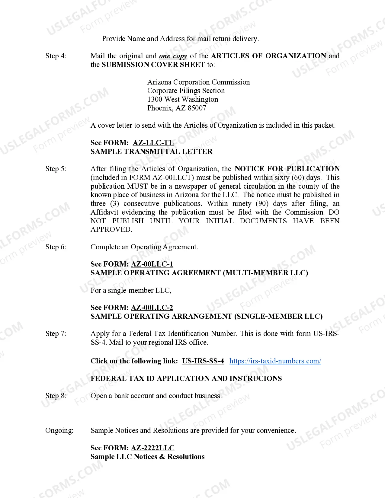 Preview Arizona Limited Liability Company LLC Formation Package