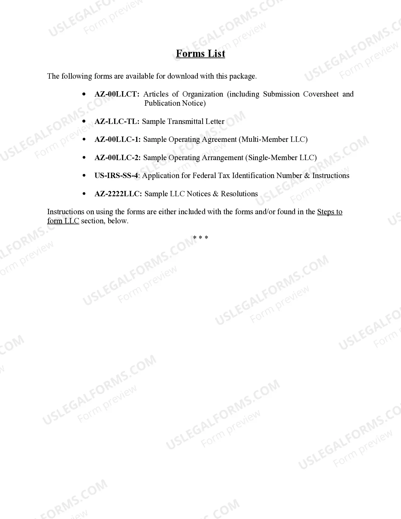 Preview Arizona Limited Liability Company LLC Formation Package