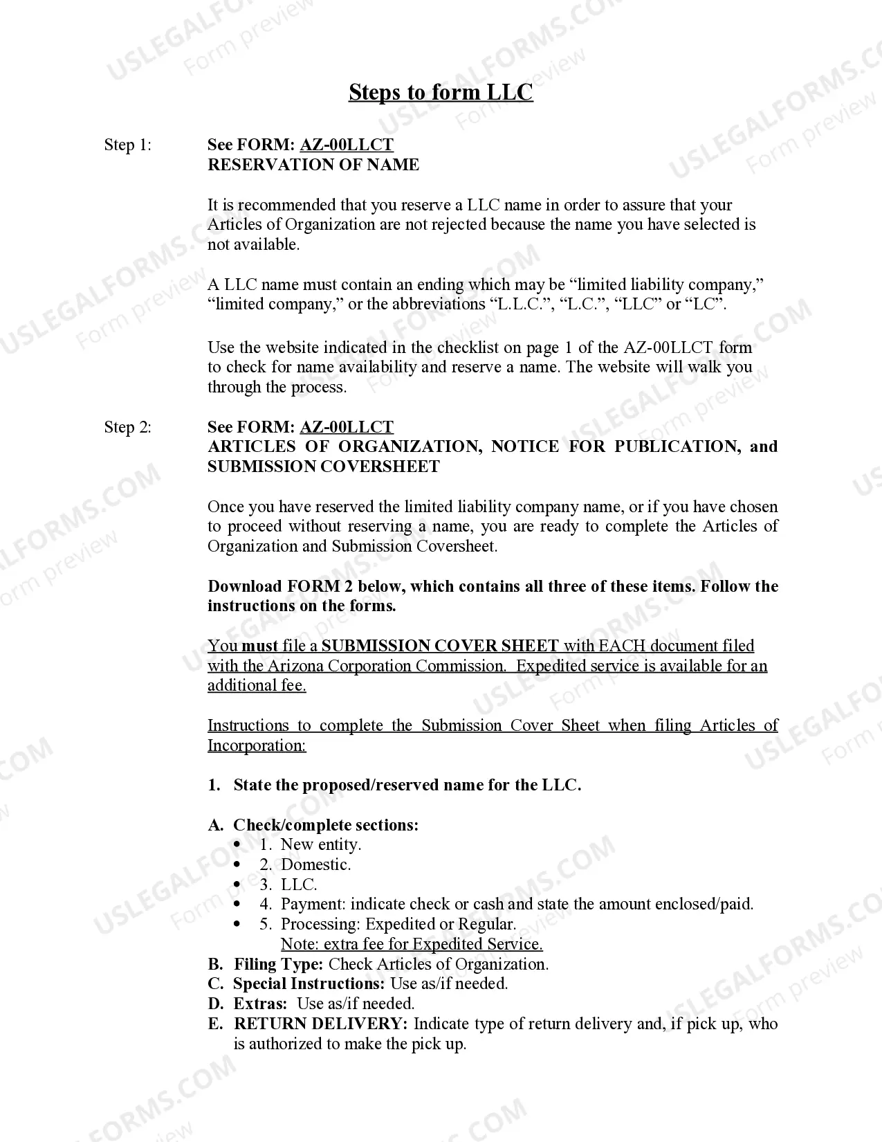 Preview Arizona Limited Liability Company LLC Formation Package
