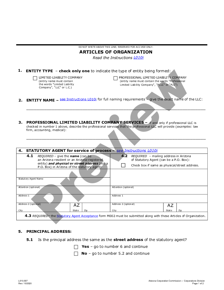 Arizona Articles of Organization for Domestic Limited Liability Company