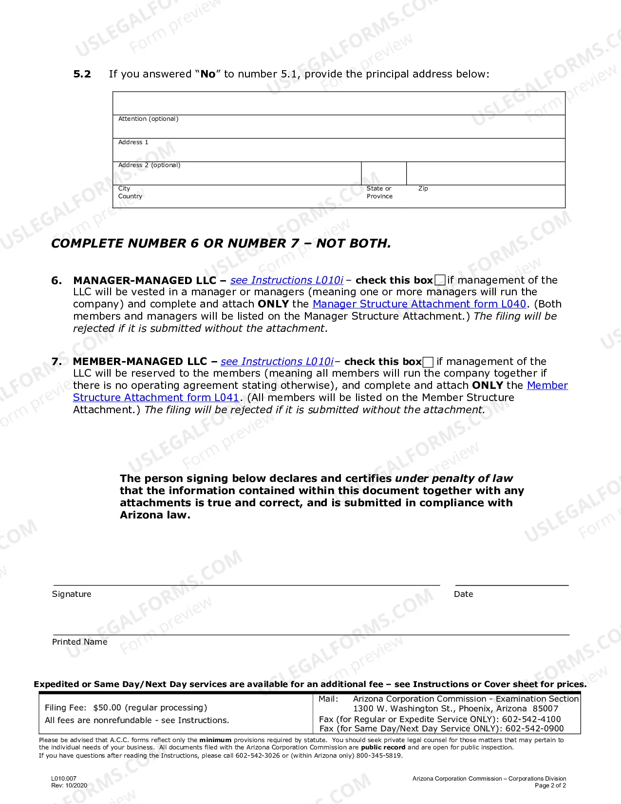 Preview Arizona Articles of Organization for Domestic Limited Liability Company LLC