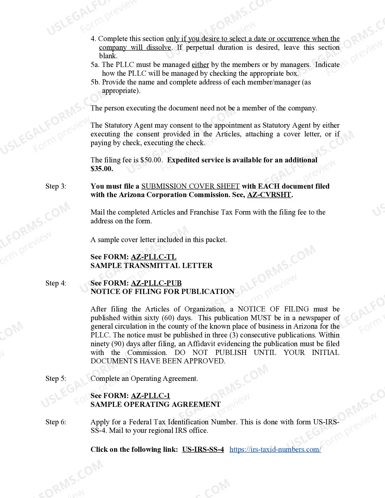 Preview Arizona Professional Limited Liability Company PLLC Formation Package