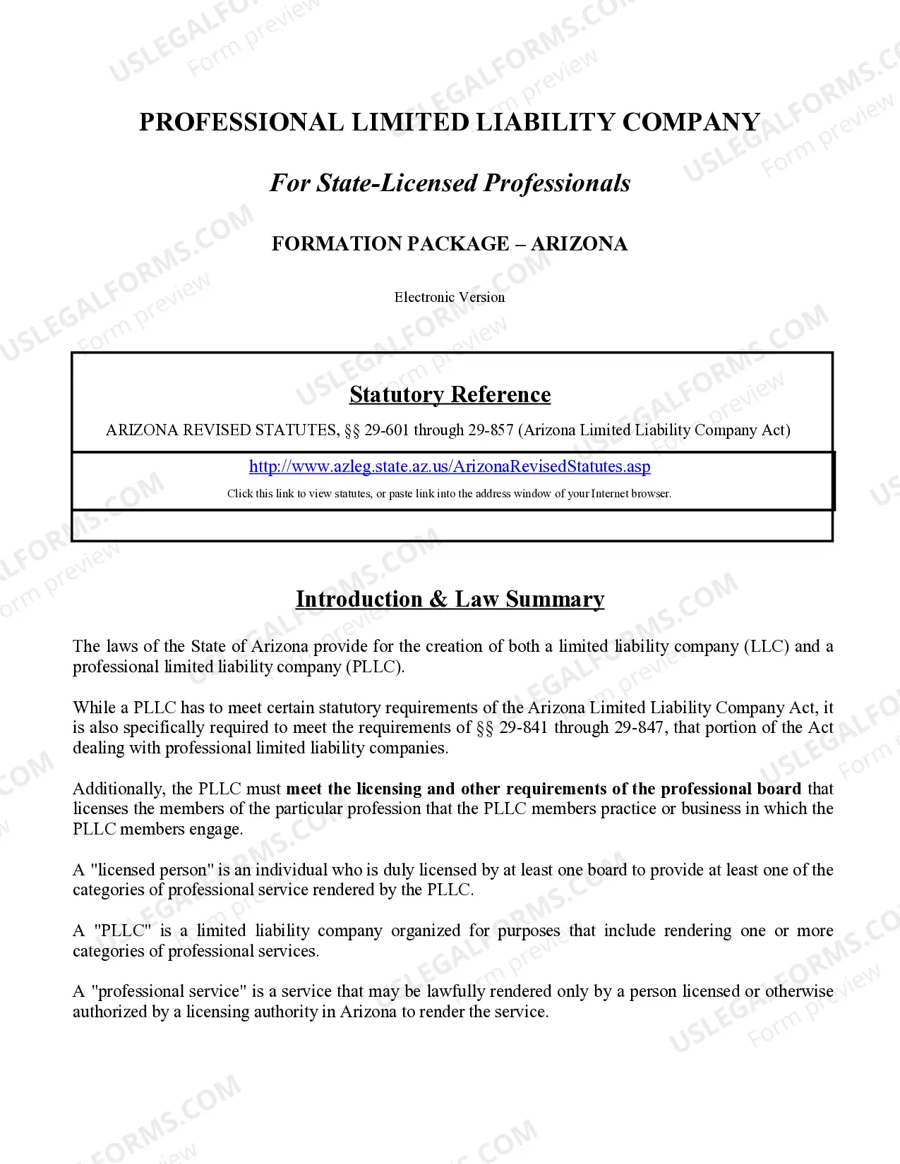 Preview Arizona Professional Limited Liability Company PLLC Formation Package