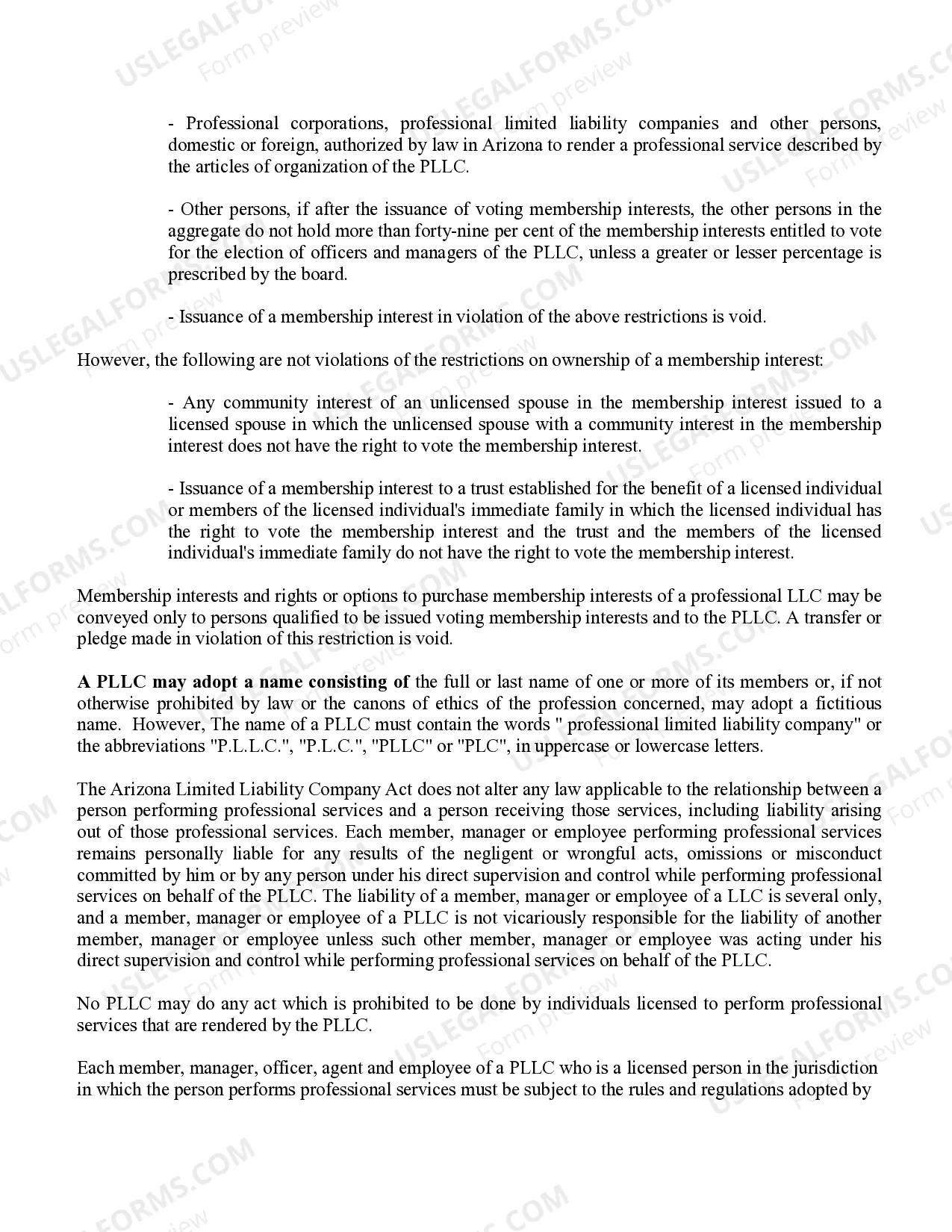 Preview Arizona Professional Limited Liability Company PLLC Formation Package