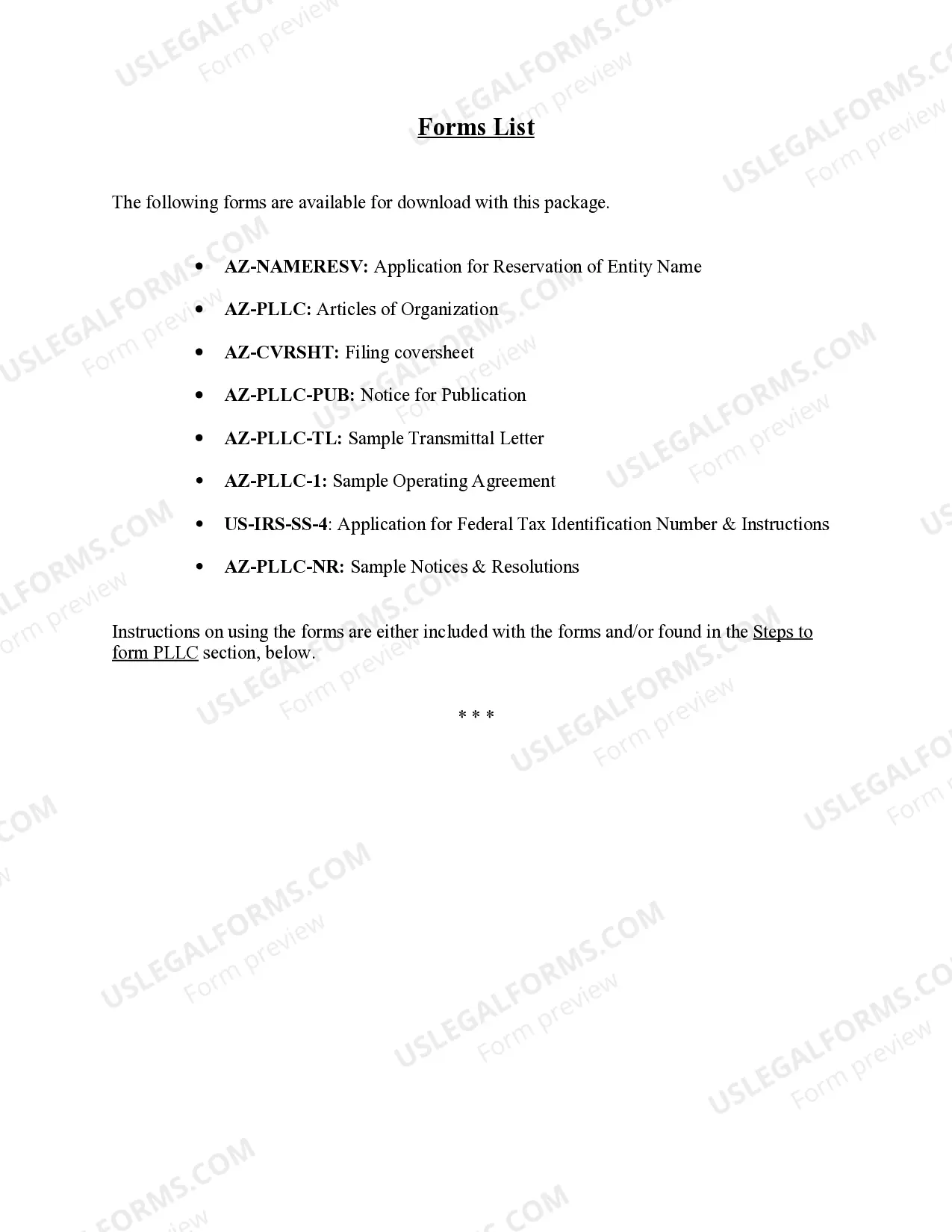 Preview Arizona Professional Limited Liability Company PLLC Formation Package
