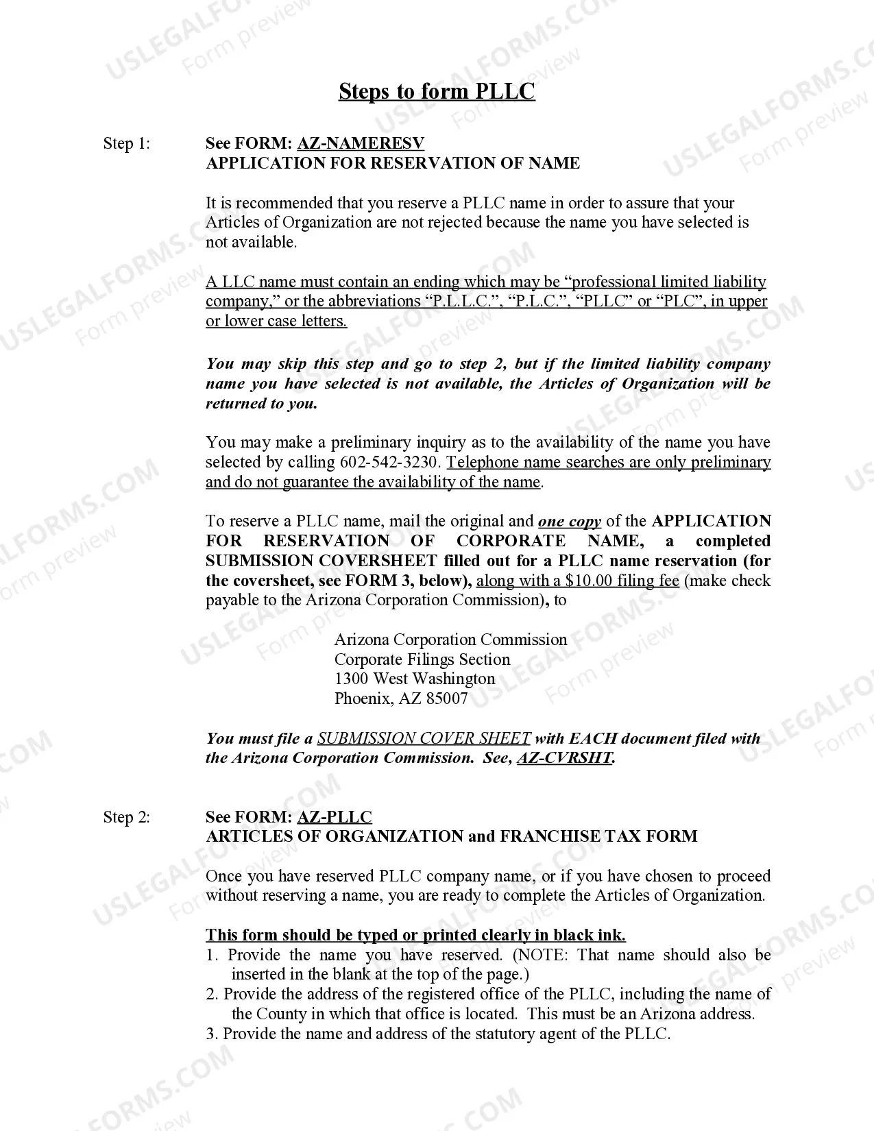 Preview Arizona Professional Limited Liability Company PLLC Formation Package