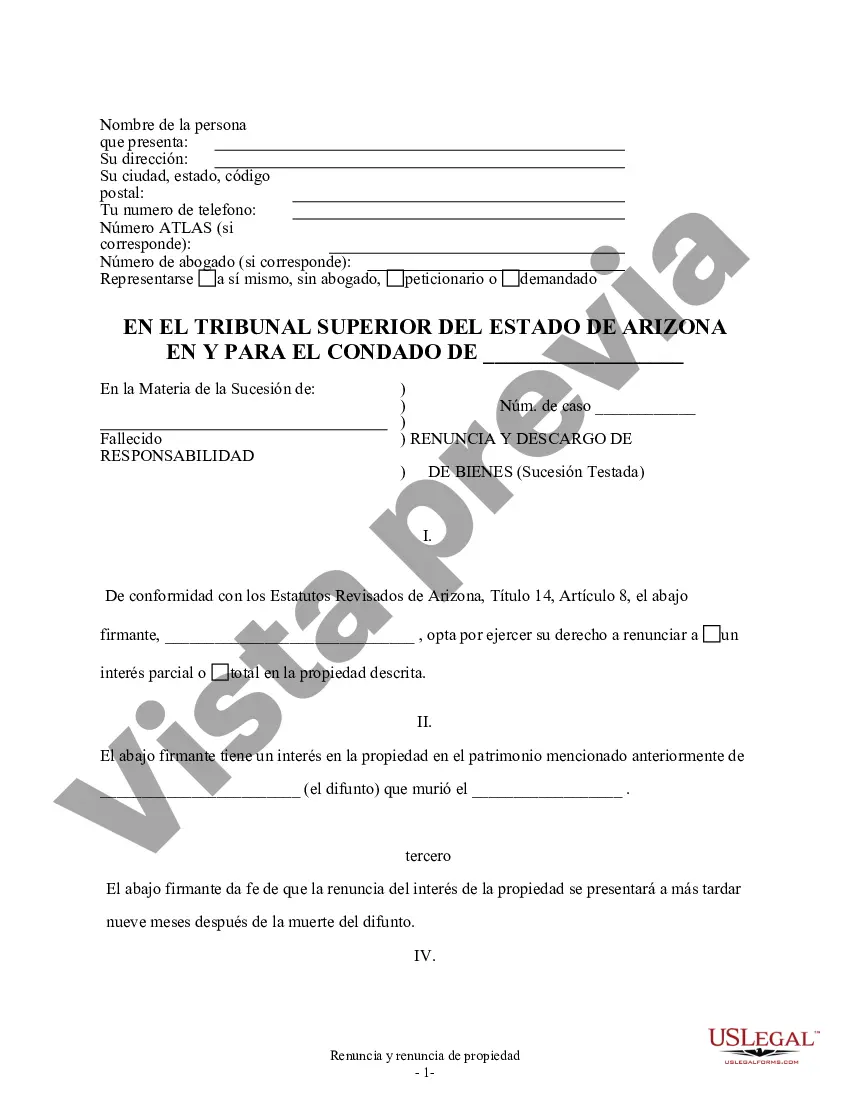Preview Renuncia de Arizona y descargo de responsabilidad de la propiedad del testamento por testamento