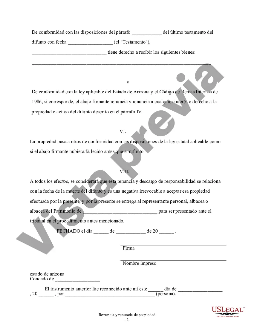 Preview Renuncia de Arizona y descargo de responsabilidad de la propiedad del testamento por testamento