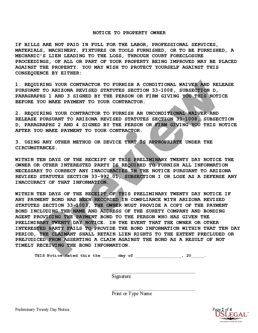Preview Preliminary 20-Day Notice - Mechanic Liens - Individual