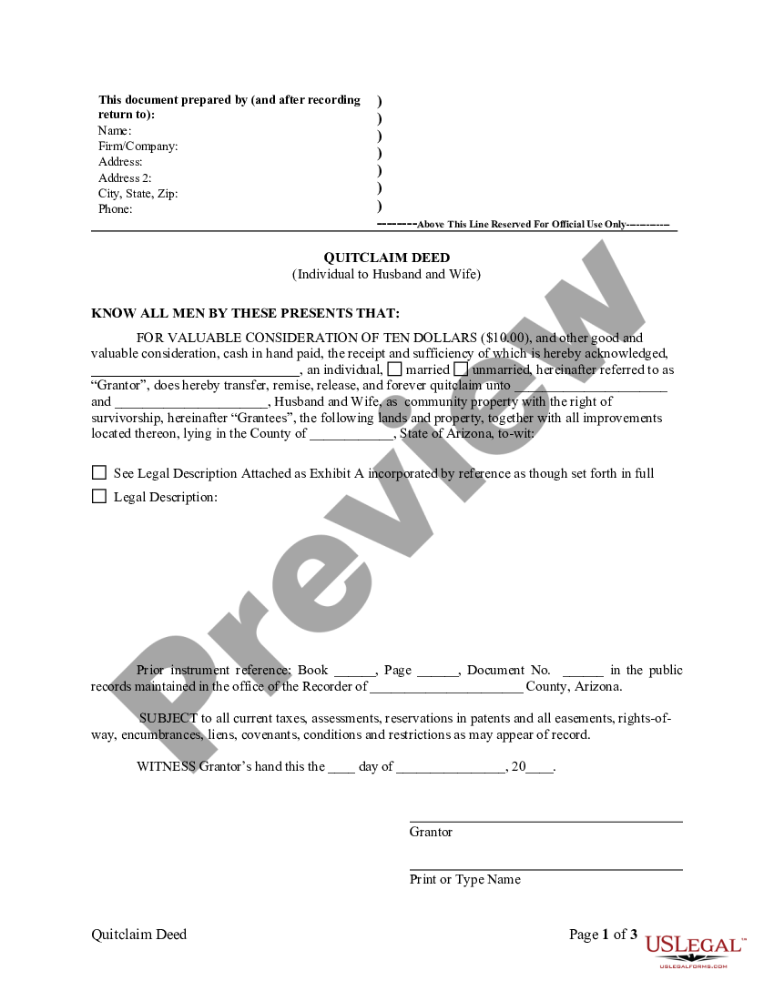 Scottsdale Arizona Quitclaim Deed From Individual To Husband And Wife Us Legal Forms 0811