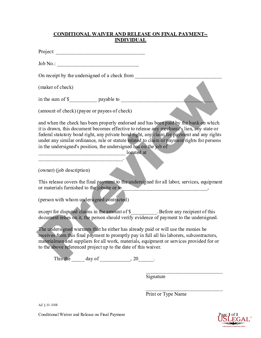 Arizona Lien Waiver And Release Form Conditional Waiver And Release On ...