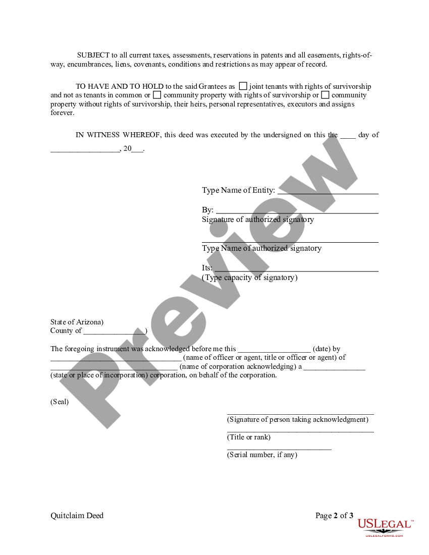 Phoenix Arizona Quitclaim Deed from Corporation to Husband and Wife ...