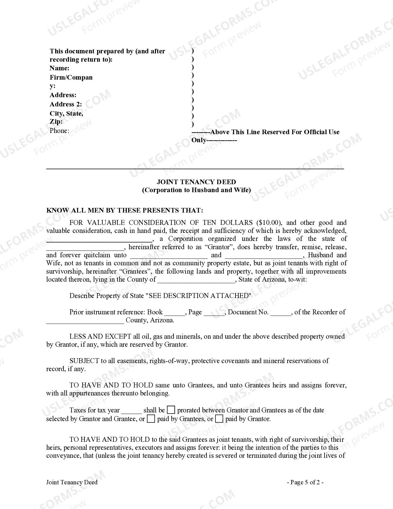 Preview Joint Tenancy Deed from Corporation to Husband and Wife