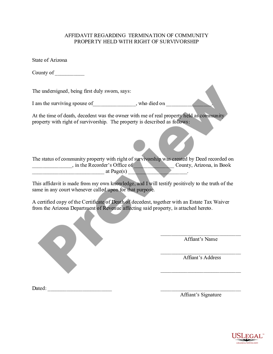 form Affidavit Regarding Termination of Community Property Held With Right of Survivorship preview