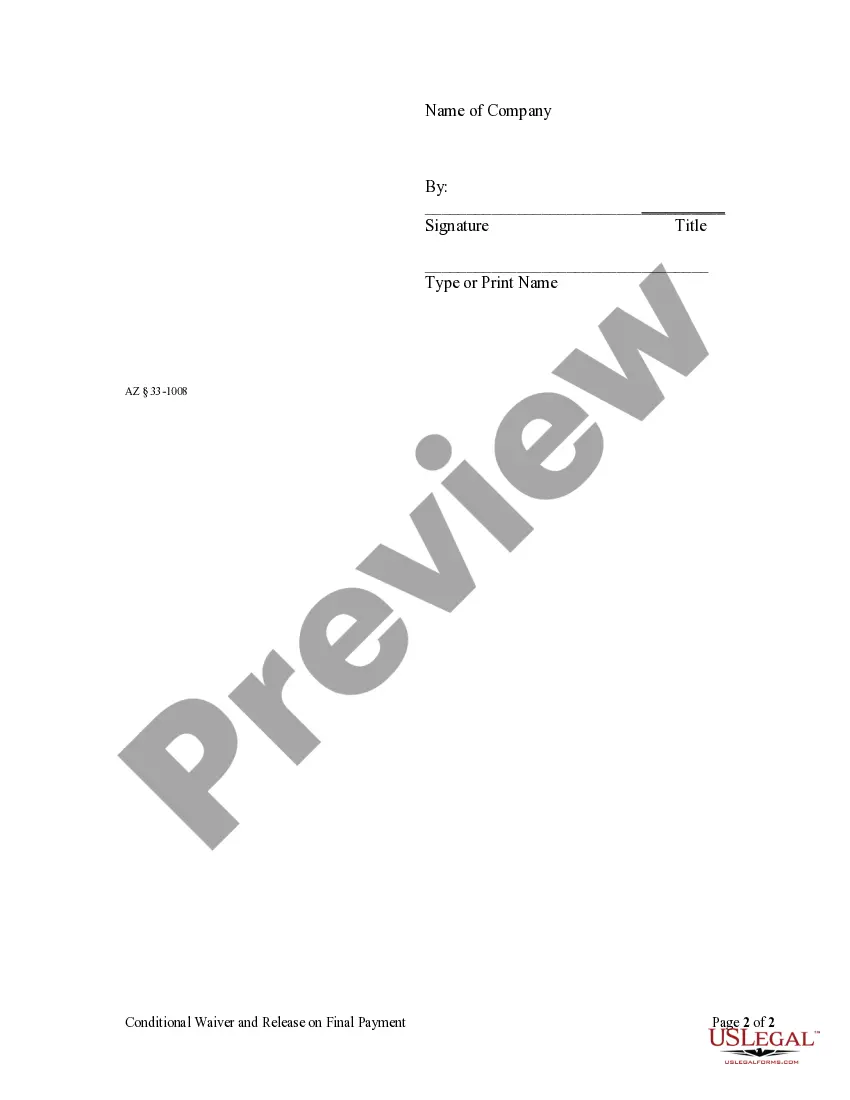 Preview Conditional Waiver and Release on Final Payment - Mechanic Liens - Corporation or LLC