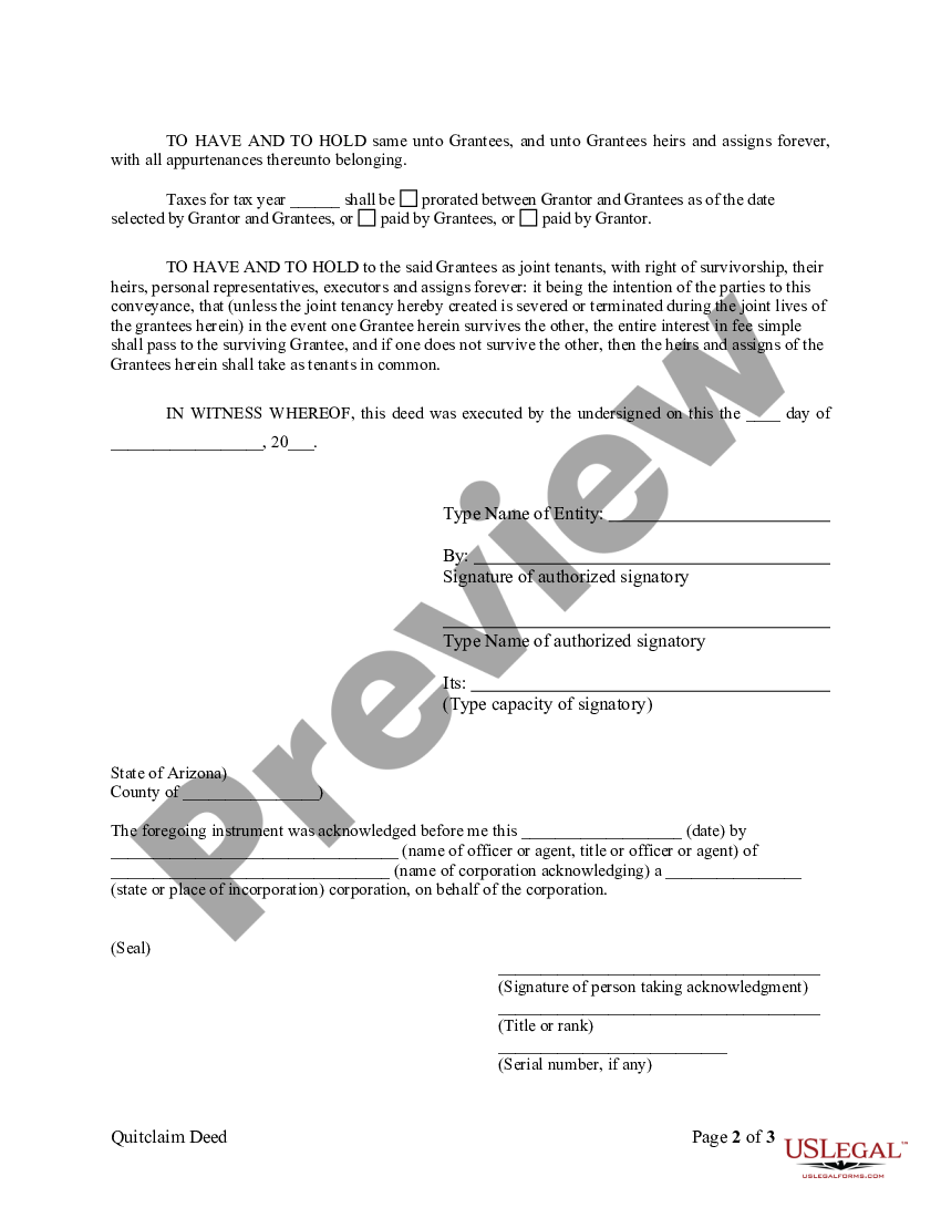 Arizona Quitclaim Deed from Corporation to Two Individuals | US Legal Forms