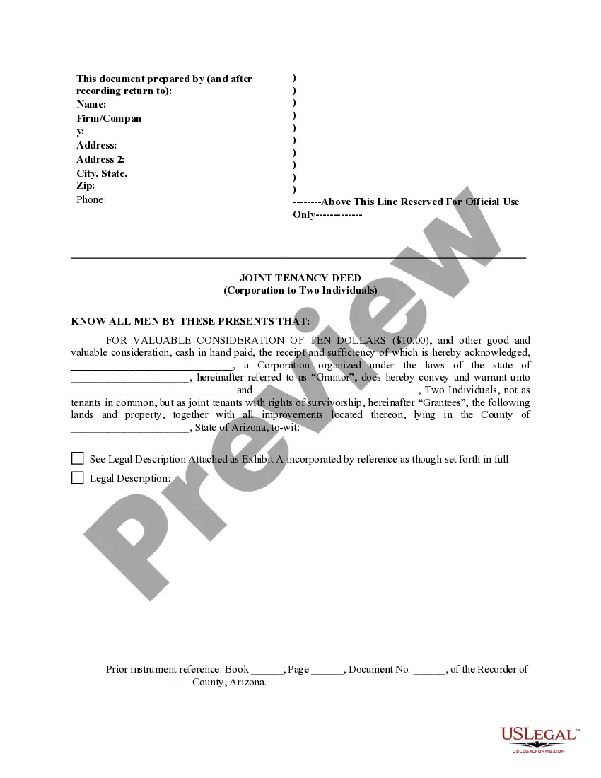 Get Joint Tenancy Deed from Corporation to Two Individuals Preview Joint Tenancy Deed from Corporation to Two Individuals
