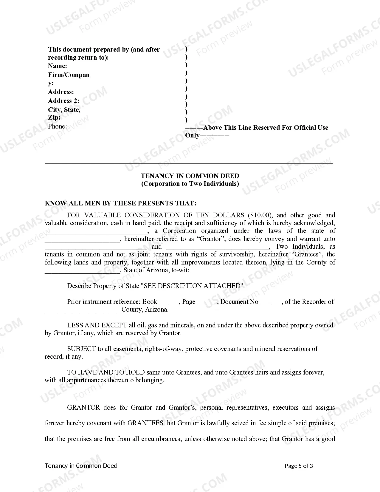 Preview Tenancy in Common Deed from Corporation to Two Individuals