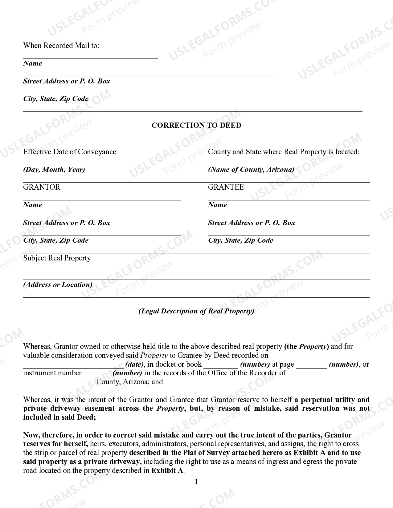 Arizona Correction to Deed in Order to Reserve Perpetual Easement for