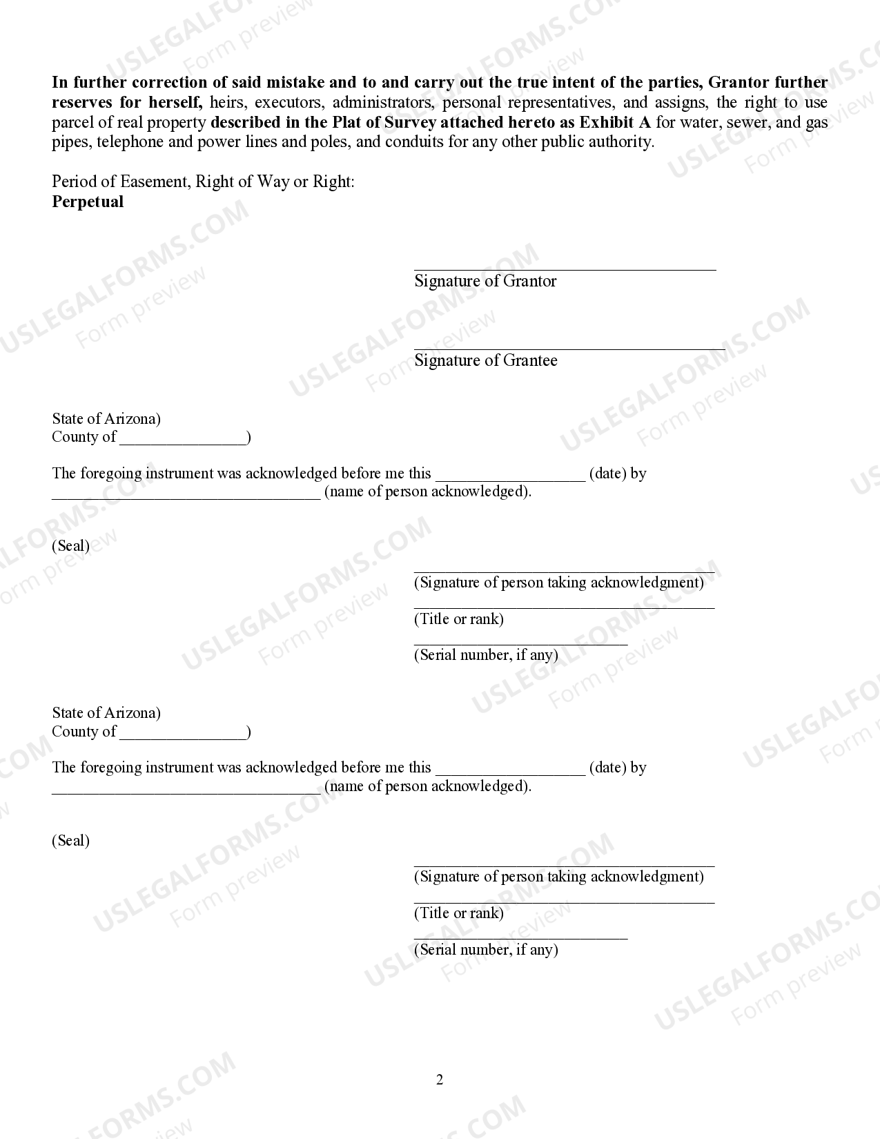 Arizona Correction to Deed in Order to Reserve Perpetual Easement for