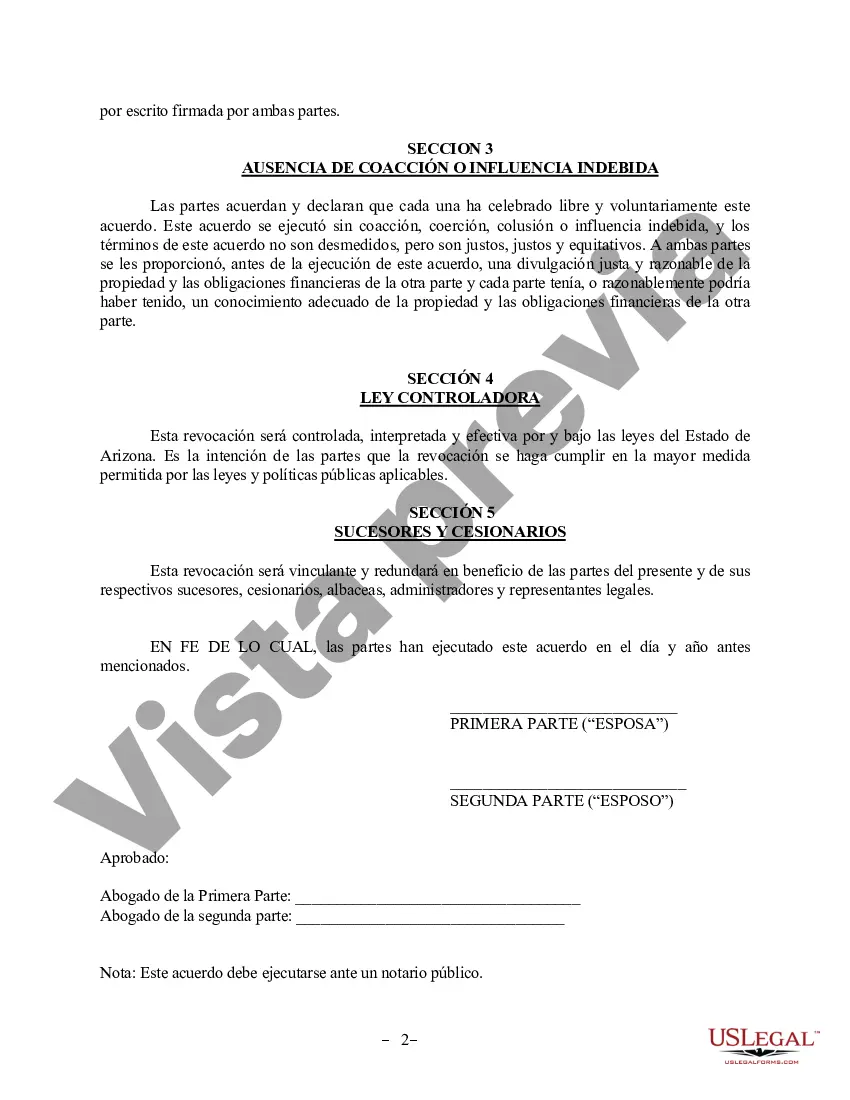 Preview Revocación del Acuerdo de Propiedad Postnupcial - Arizona