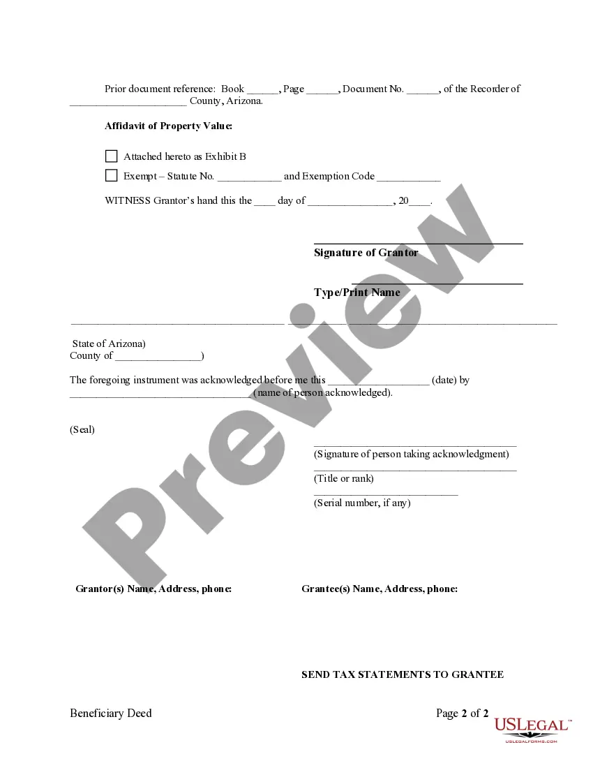 Preview Arizona Beneficiary Deed for Individual to Individual