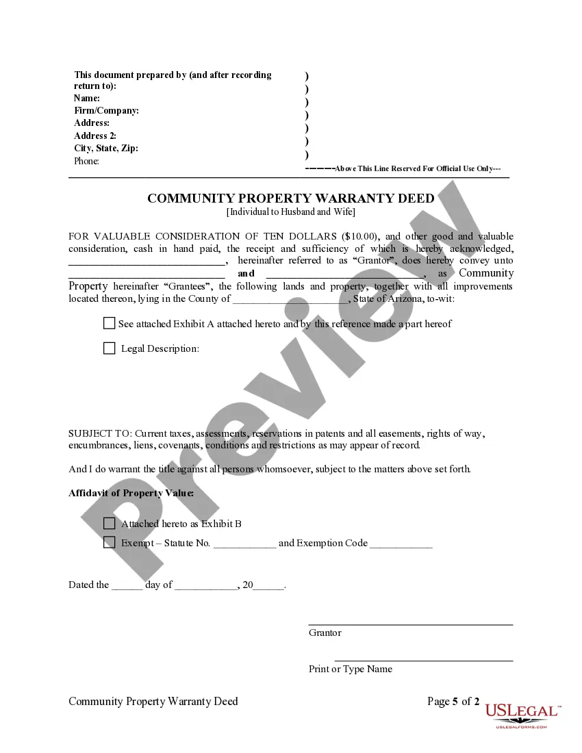 Get Community Property Warranty Deed - Individual to Husband and Wife Preview Community Property Warranty Deed - Individual to Husband and Wife