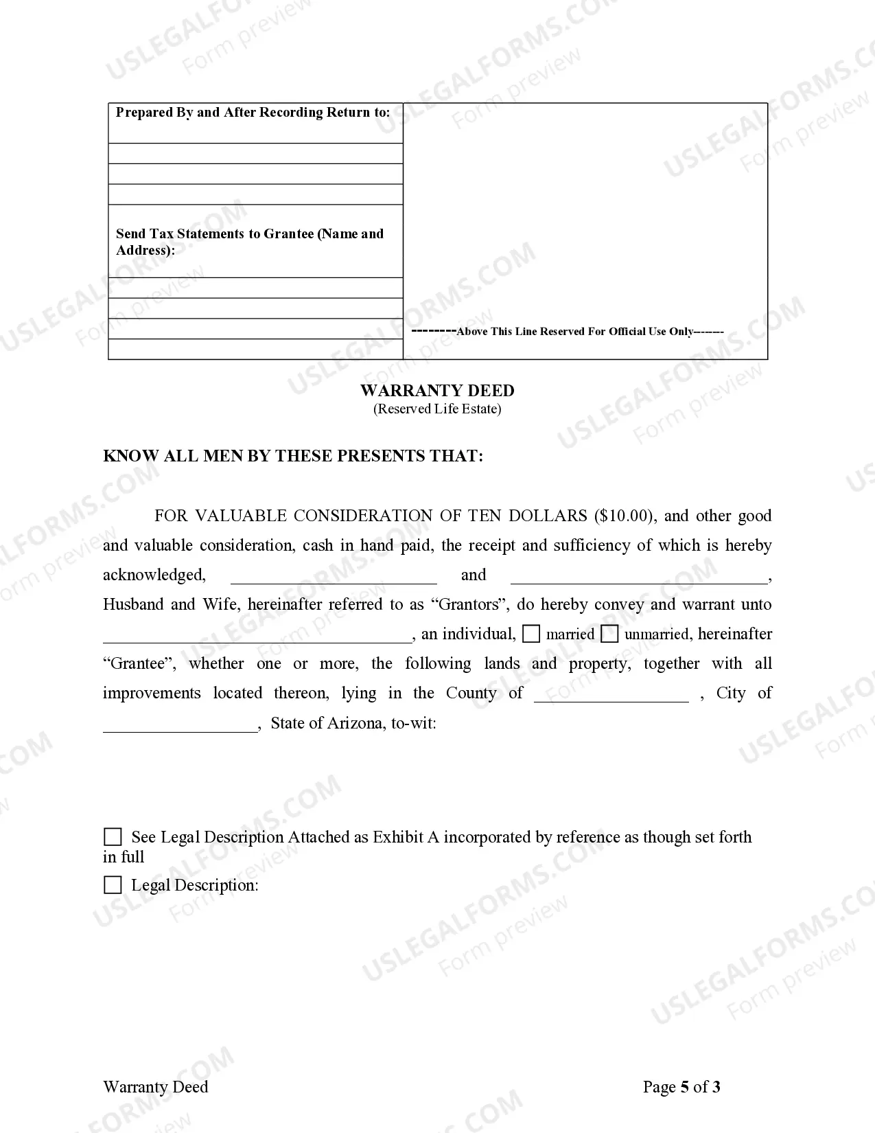 Preview Warranty Deed to Child Reserving a Life Estate in the Parents