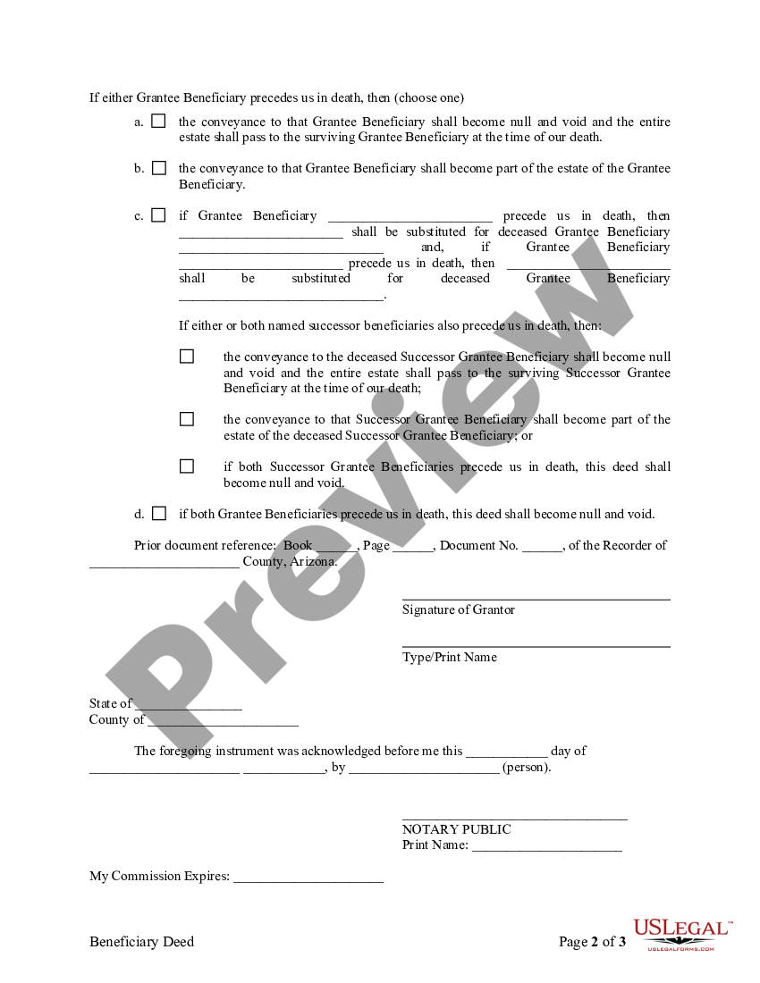 Arizona Beneficiary Or Transfer Of Death Tod Deed Tod 2709