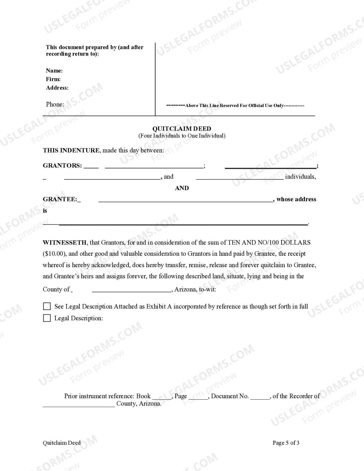 Preview Quitclaim Deed - Four Individuals to One Individual