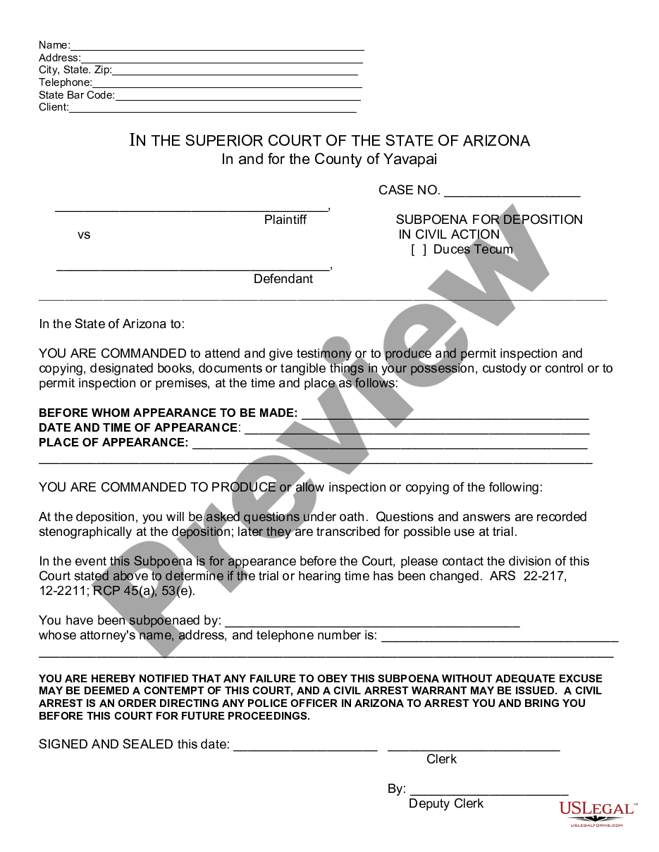 page 0 Subpoena for Deposition in Arizona for use in an Civil Action Pending Out of State preview