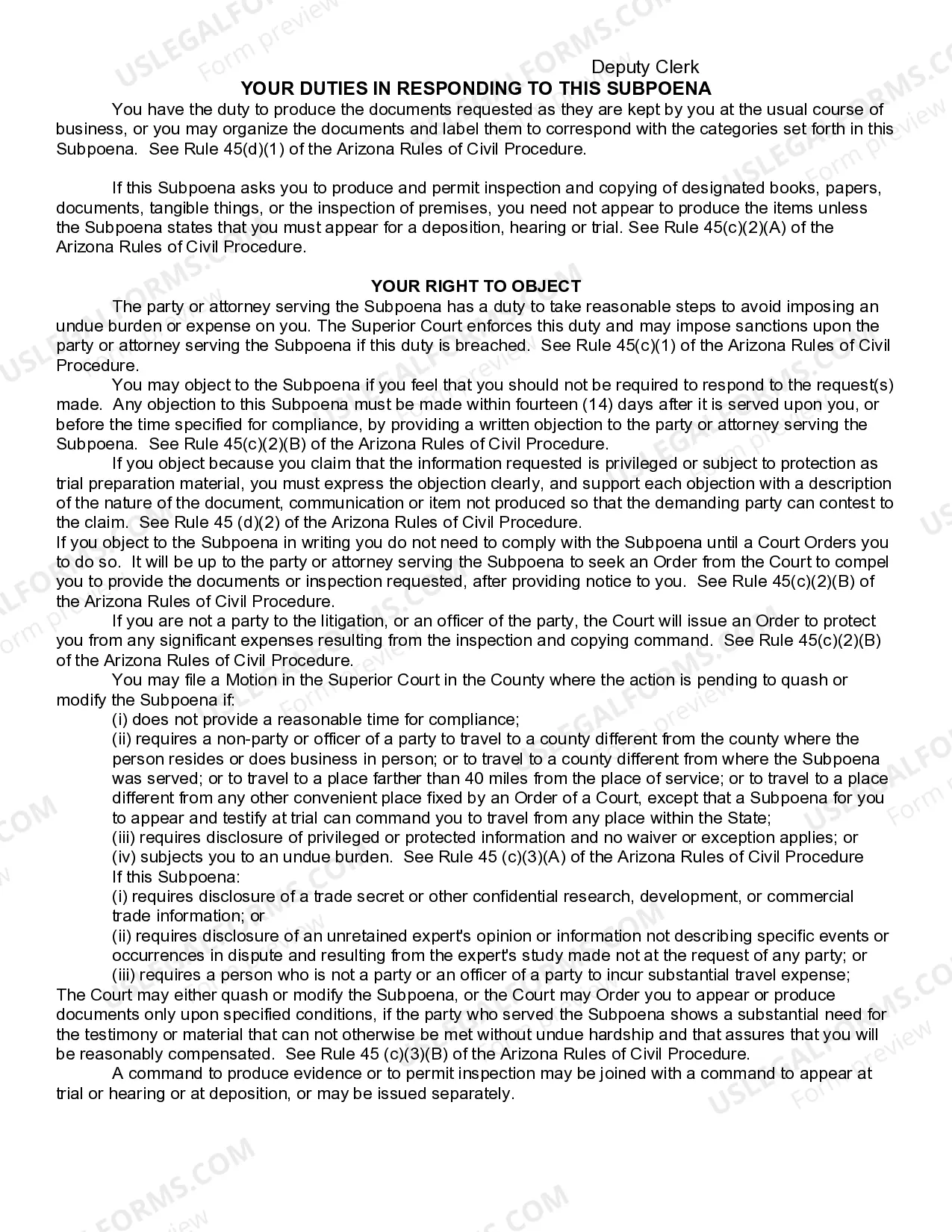 Preview Subpoena for Deposition in Arizona for use in an Civil Action Pending Out of State