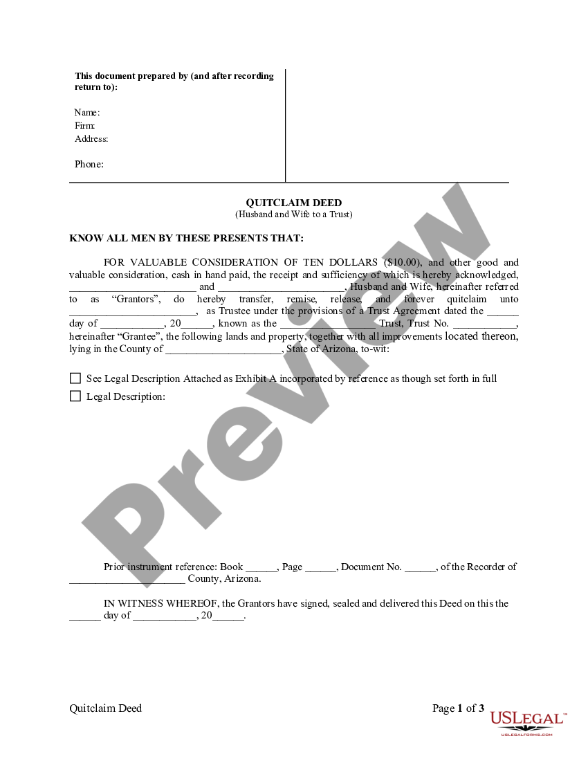 Glendale Arizona Quitclaim Deed - Husband and Wife to Trust - Quitclaim ...