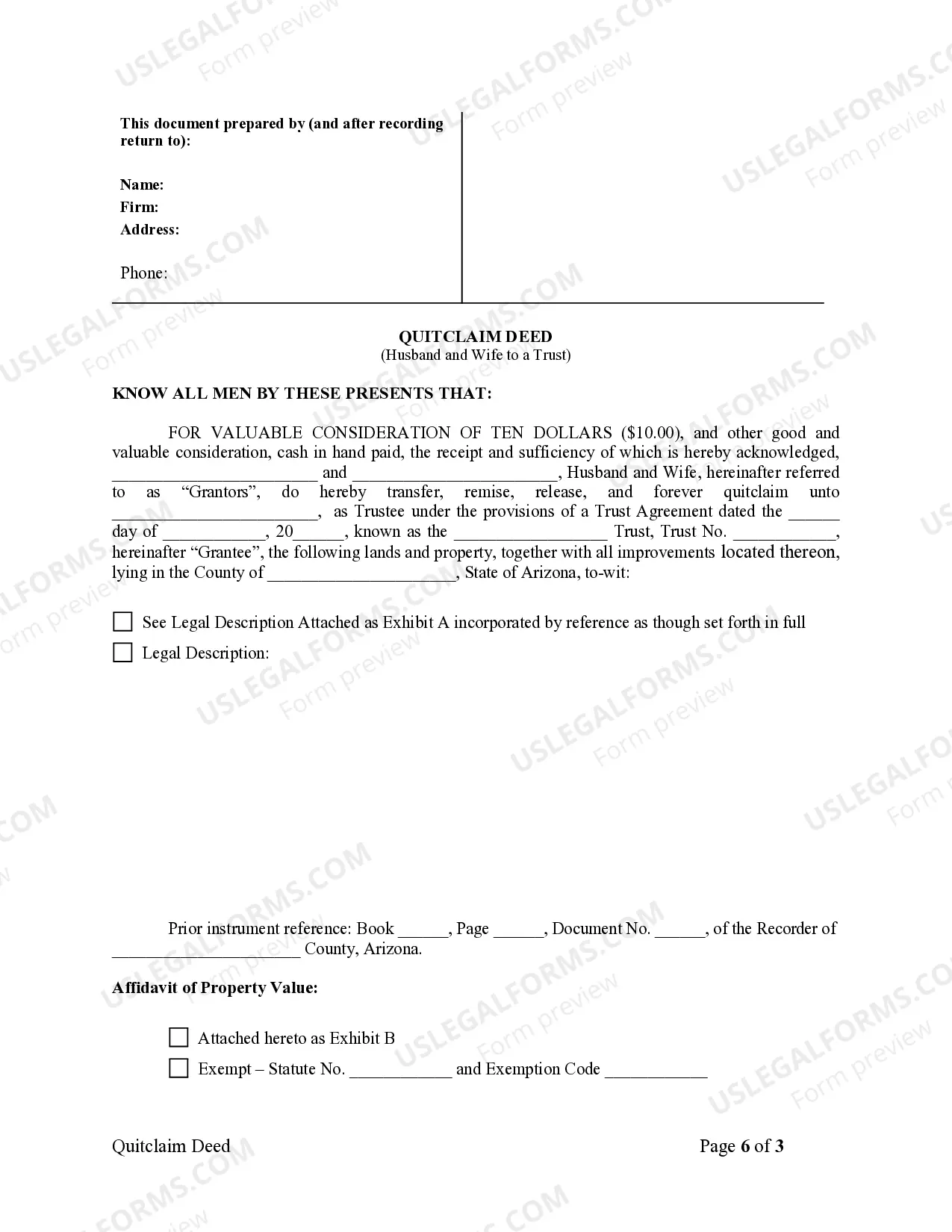 Preview Arizona Quitclaim Deed - Husband and Wife to Trust