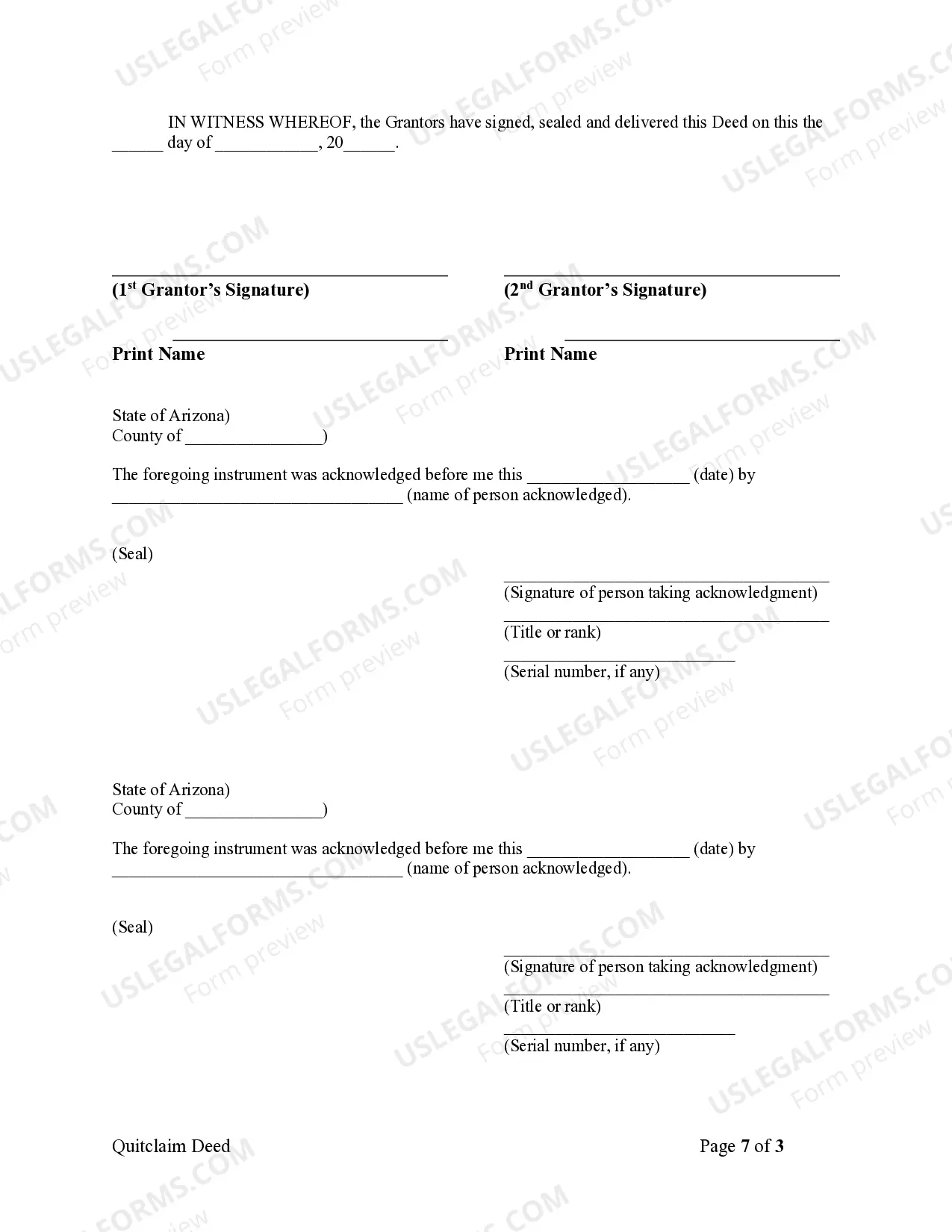 Preview Arizona Quitclaim Deed - Husband and Wife to Trust