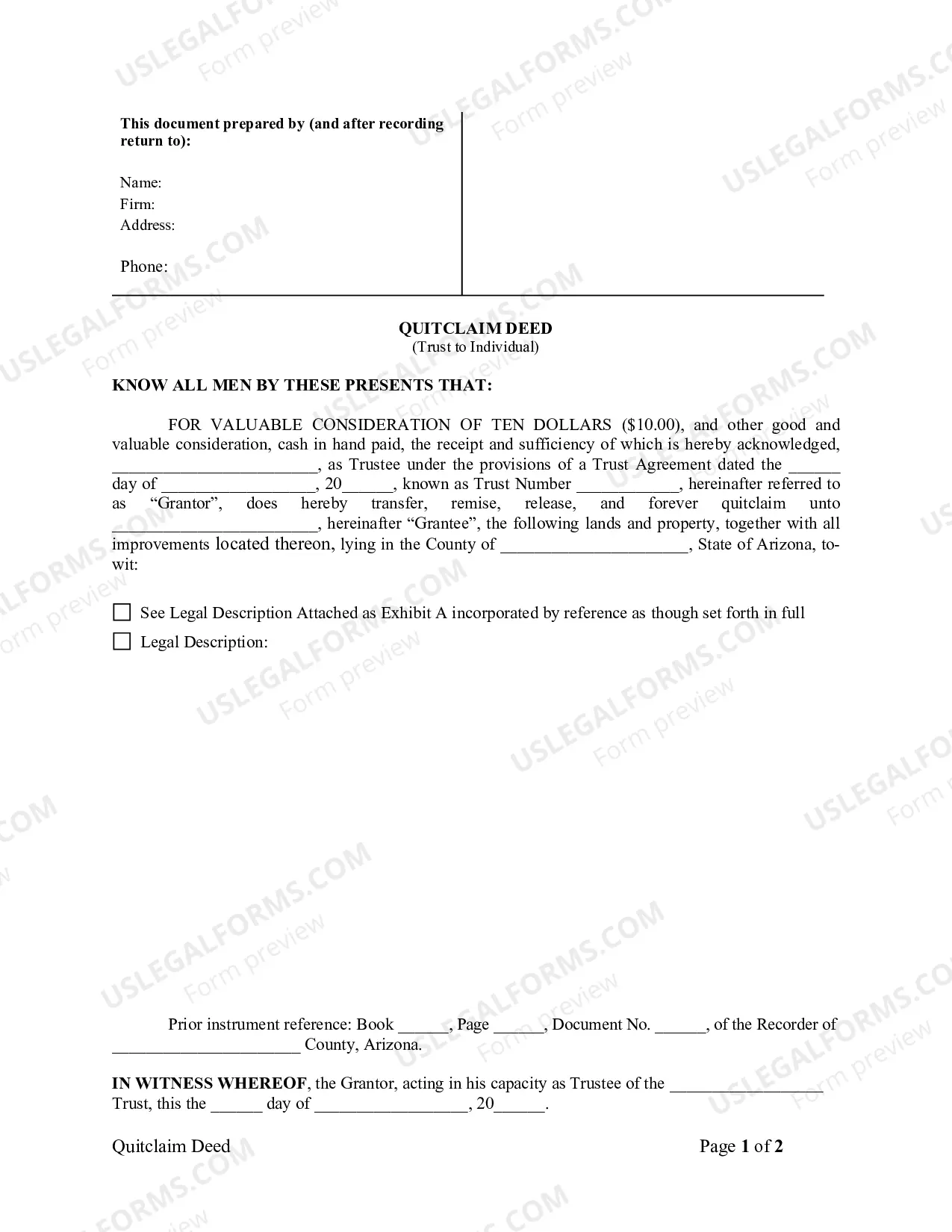 Preview Quitclaim Deed - Trust to Individual