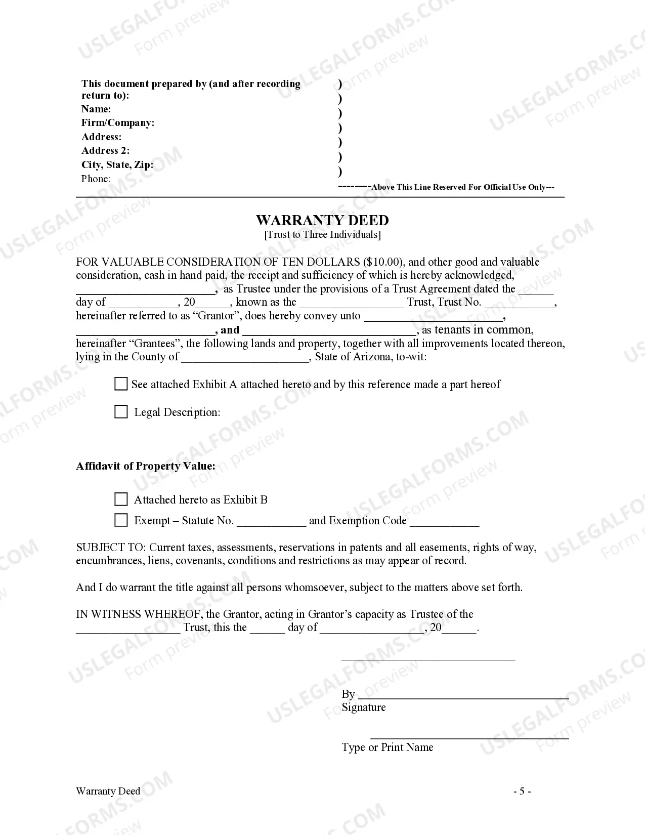 Preview Warranty Deed - Trustee to Three Individuals