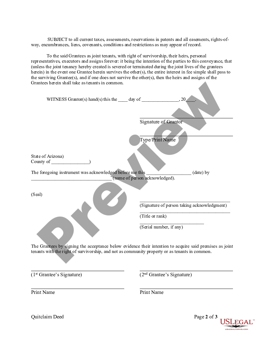 Arizona Quitclaim Deed From Individual To Two Individuals In Joint Tenancy Quitclaim Deed 9520