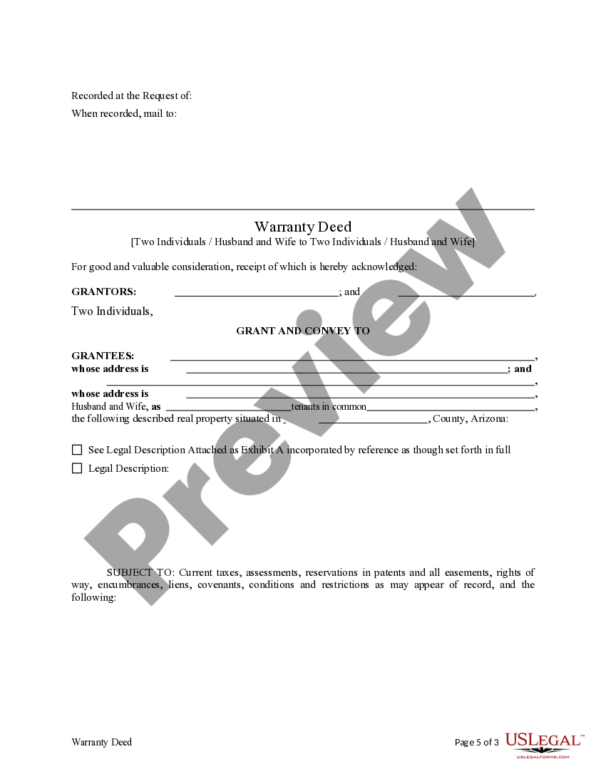 Arizona Warranty Deed from Two Individuals / Husband and Wife to Two