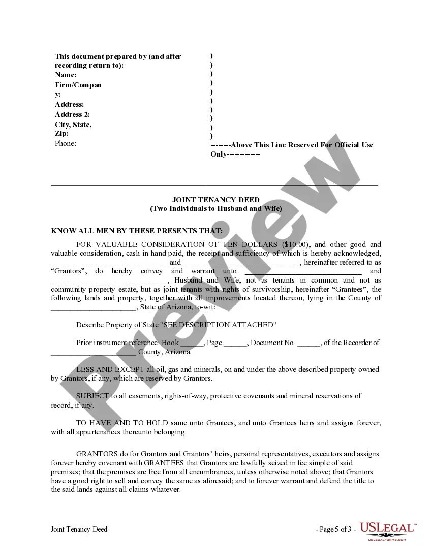 Get Joint Tenancy Deed - Two Individuals to Husband and Wife Preview Joint Tenancy Deed - Two Individuals to Husband and Wife