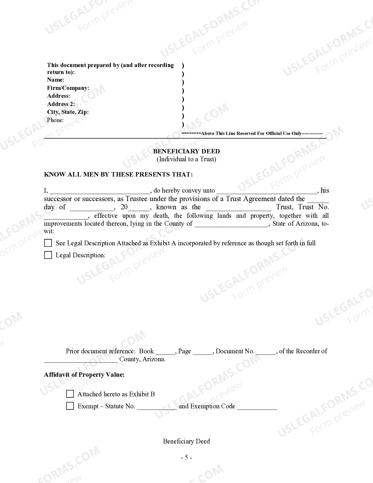 Preview Transfer on Death Deed or TOD - Beneficiary Deed for Individual to a Trust