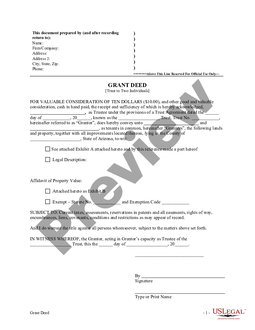 Arizona Grant Deed Trust To Two Individuals Real Estate Trust Us Legal Forms 