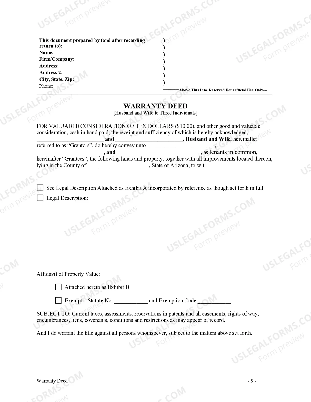 Preview Warranty Deed - Husband and Wife to Three Individuals
