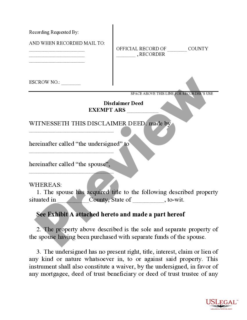 Arizona Disclaimer Deed US Legal Forms